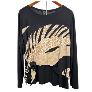 Clara Sun Woo Black Safari Animal Print Side Tie Long Sleeve Blouse Top 1X  USA
